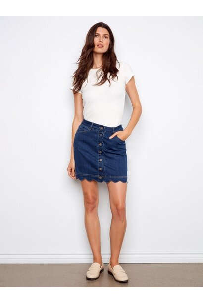 Scalloped Hem Button-Front Denim Skort