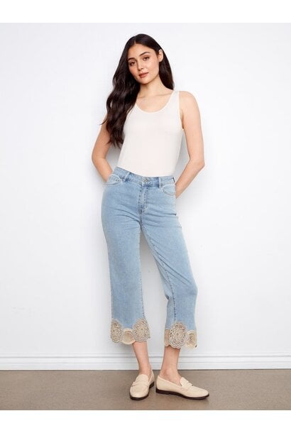 Cropped Flare Jeans With Lace Hem