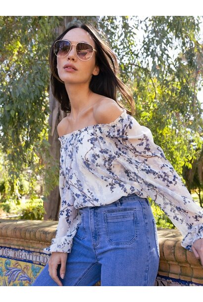Printed Eyelet Off-Shoulder Blouse