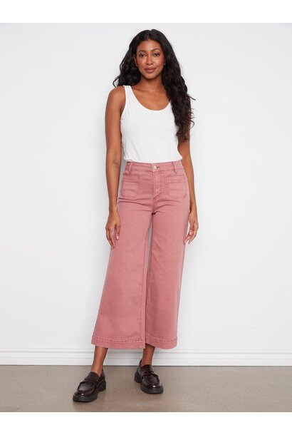 Cropped Patch Pocket Wide Leg Twill Pants