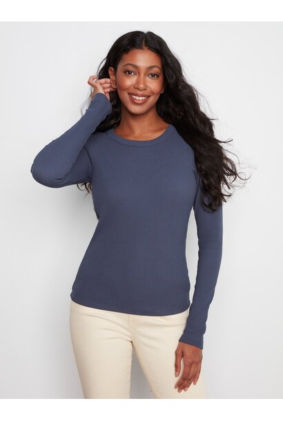 Cotton Blend Ribbed Long Sleeve Top