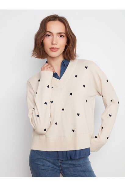 Layered Shirt Sweater With Embroidered Hearts
