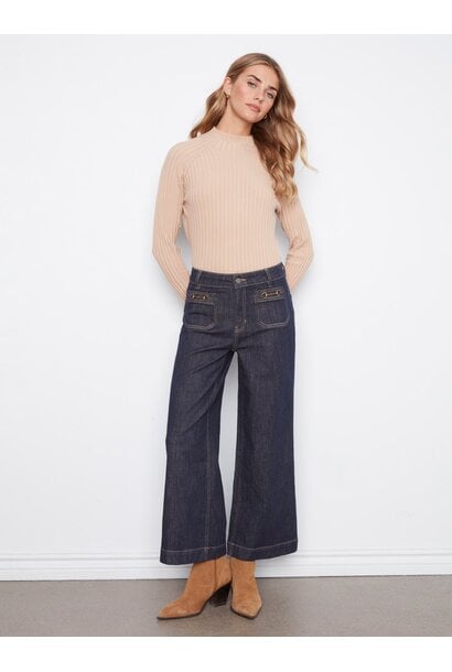 Cropped Patch Pocket Wide Leg Jeans With Horsebit Detail