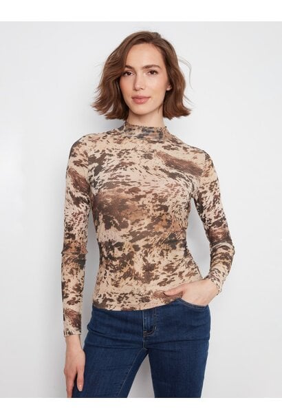 Printed Mesh Mock Neck Top