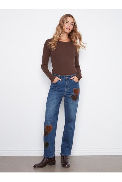 Straight Leg Jeans With Corduroy Heart Patches
