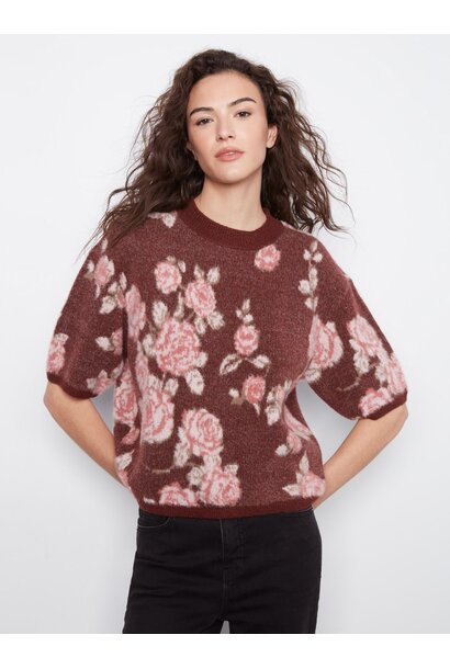 Balloon Elbow Sleeve Floral Jacquard Knit Sweater