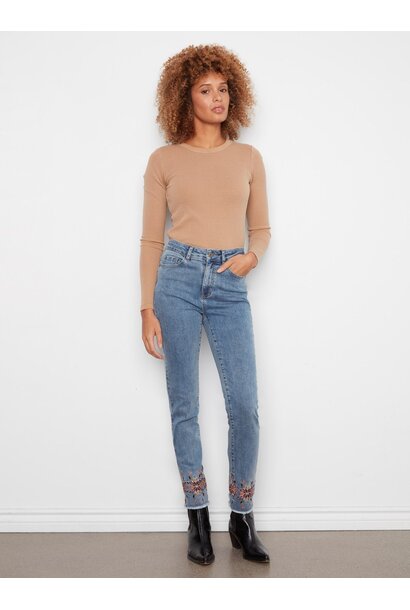 Embroidered Hem Slim Leg Jeans