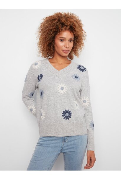 Floral Embroidered V-Neck Sweater