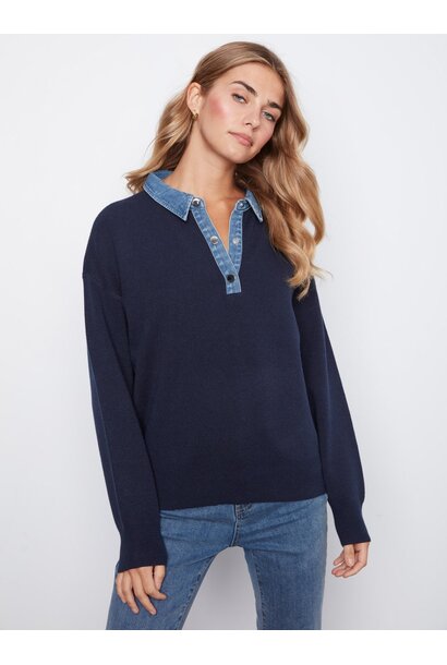 Denim Trim Polo Sweater