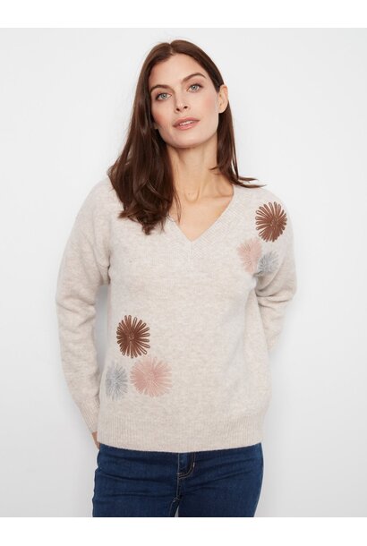 Drop Shoulder Embroidered V-Neck Sweater