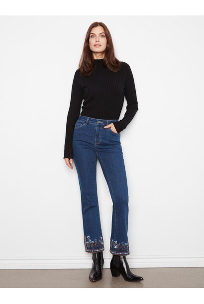 Flare Jeans With Side Slits And Floral Hem Embroidery