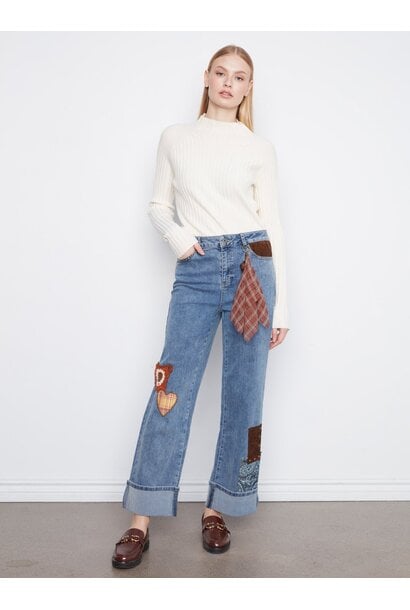 Cuffed Straight Leg Patchwork Jeans