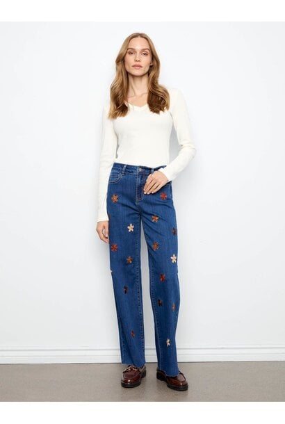 Wide Leg Jeans With Suede Flower Patches
