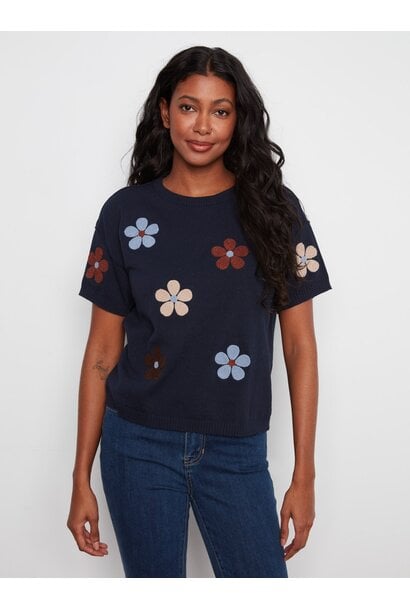 Cotton Floral Embroidered Short Sleeve Sweater