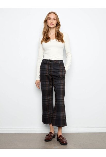 Plaid Cropped Wide Leg Ponte Pants With Cuffed Hem