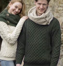 SWEATERS UNISEX ARAN IRISH KNIT CREW NECK SWEATER - Army Green