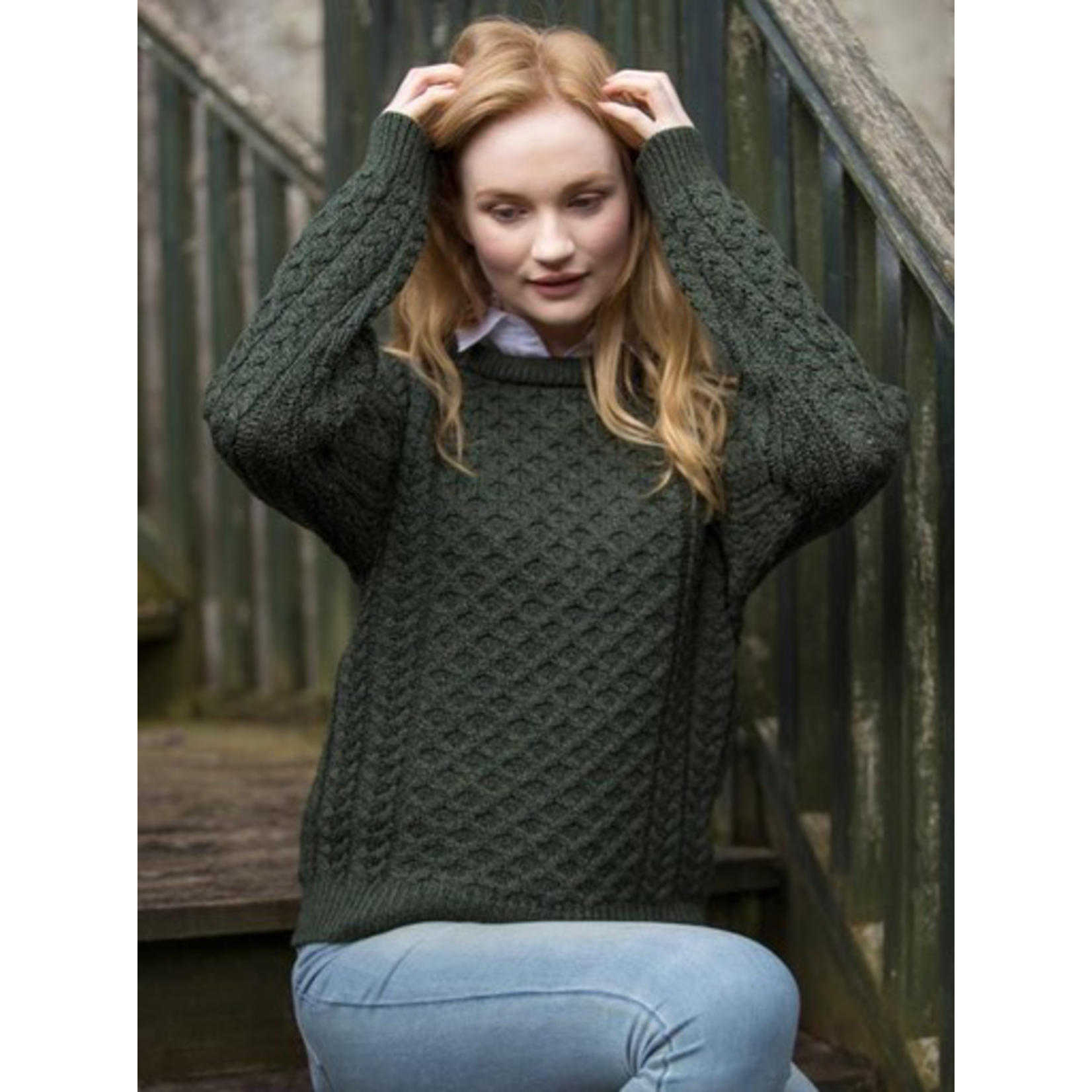 SWEATERS UNISEX ARAN IRISH KNIT CREW NECK SWEATER - Army Green