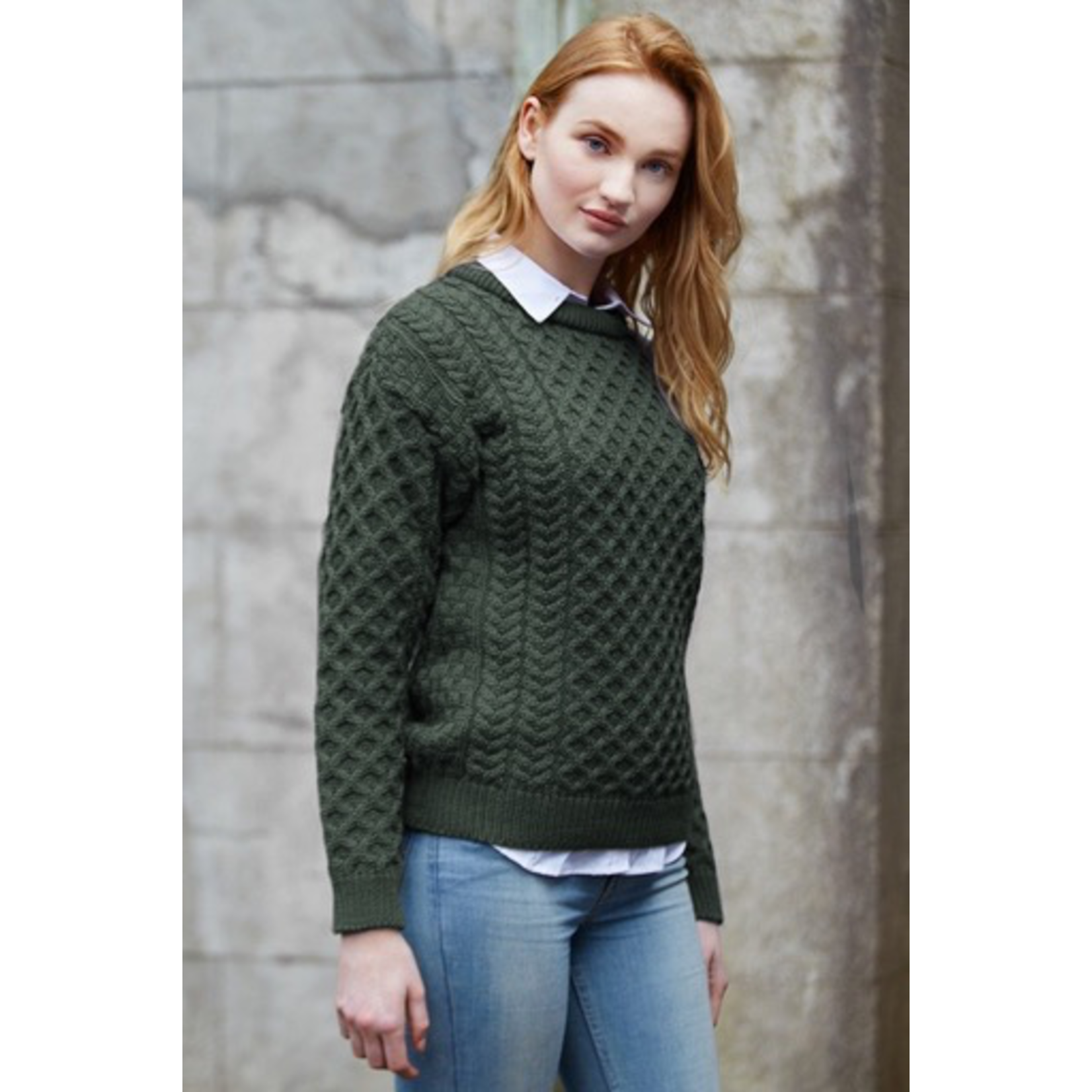 SWEATERS UNISEX ARAN IRISH KNIT CREW NECK SWEATER - Army Green