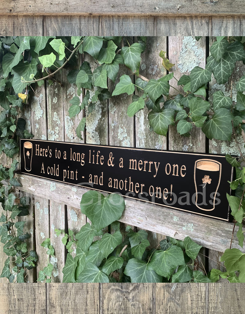 PLAQUES, SIGNS & POSTERS “HERE’S TO A LONG LIFE…” CARVED WOOD PUB SIGN