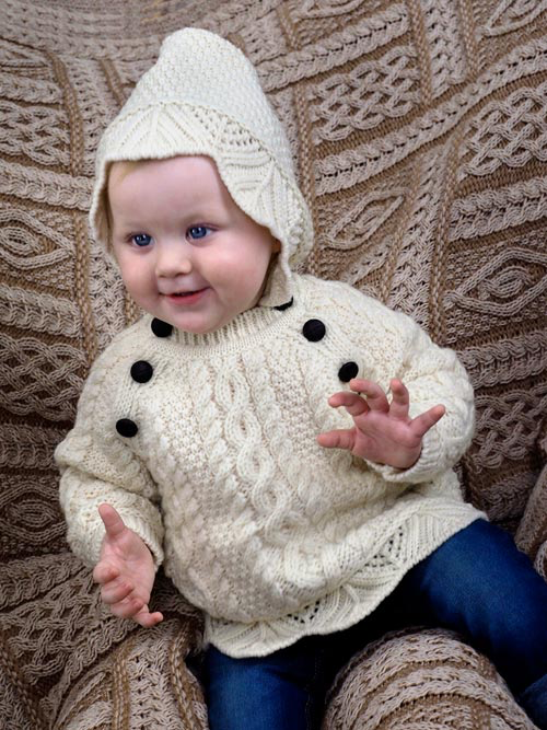 BABY CLOTHES BABY ARAN KNIT HOODIE with BUTTONS - Natural
