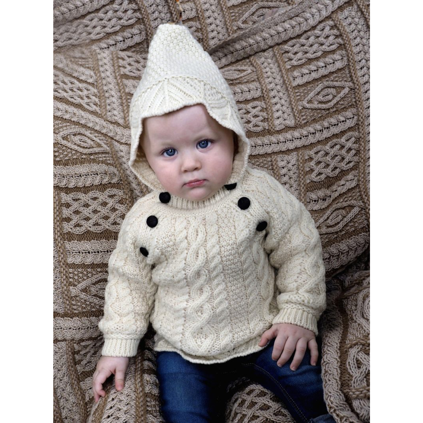 BABY CLOTHES BABY ARAN KNIT HOODIE with BUTTONS - Natural