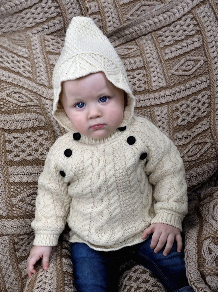 BABY ARAN KNIT HOODIE with BUTTONS - Natural - Irish Crossroads