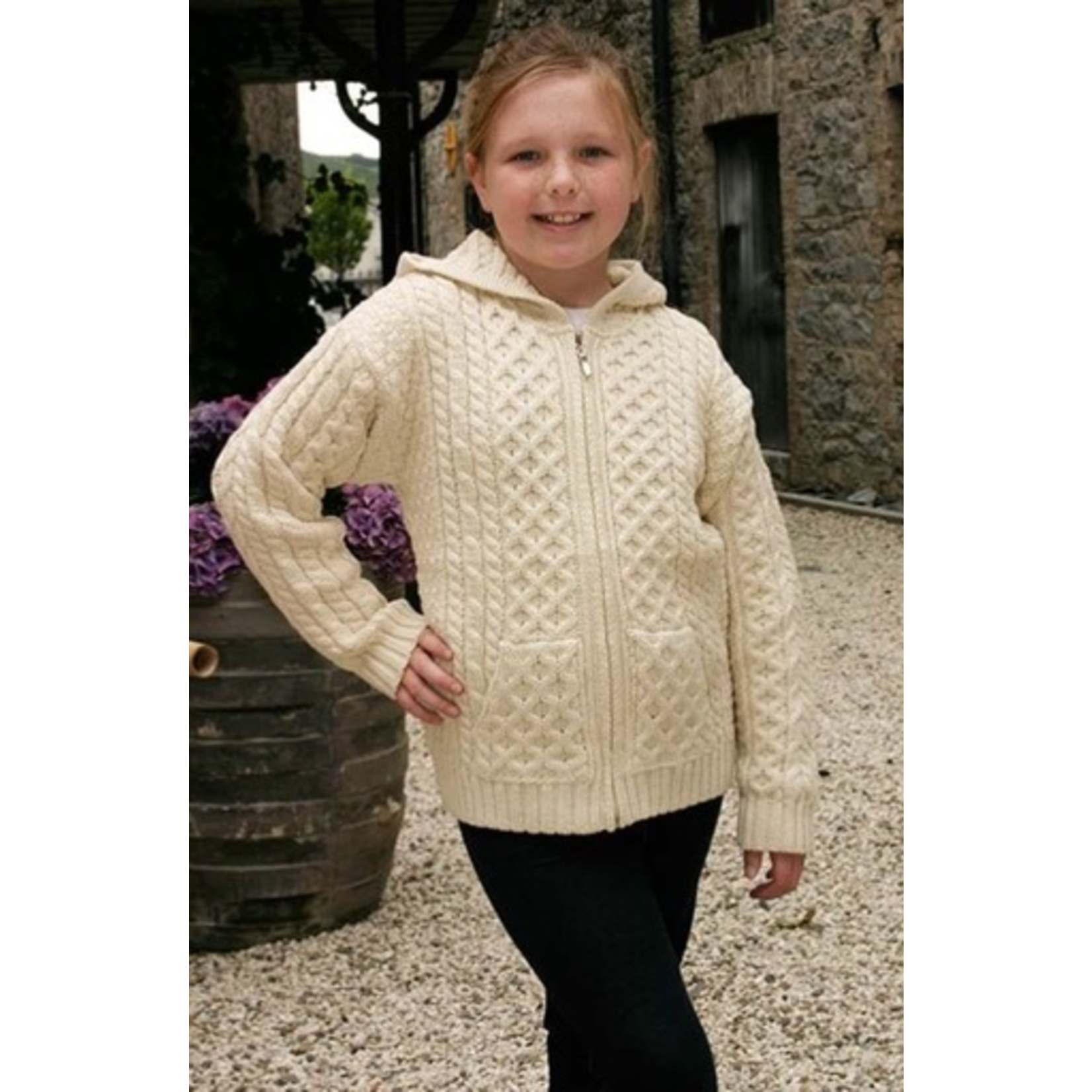 KIDS CLOTHES CHILDREN’S IRISH KNIT HOODIE SWEATER w ZIPPER - Natural
