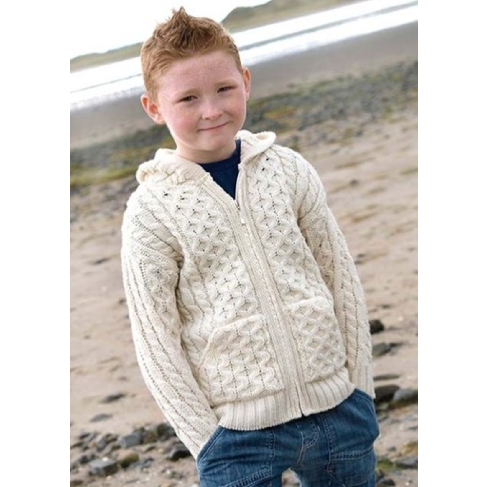KIDS CLOTHES CHILDREN’S IRISH KNIT HOODIE SWEATER w ZIPPER - Natural