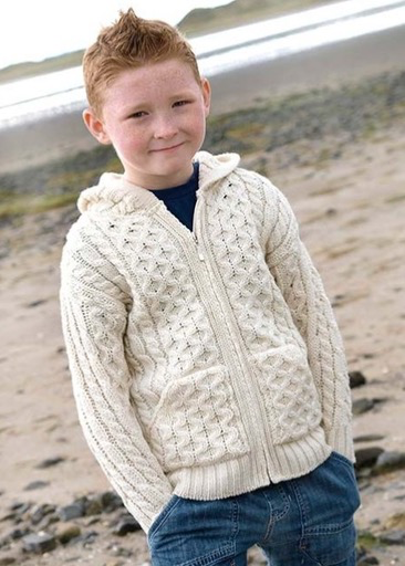 CHILDREN'S ARAN IRISH KNIT HOODIE SWEATER with ZIPPER - Natural