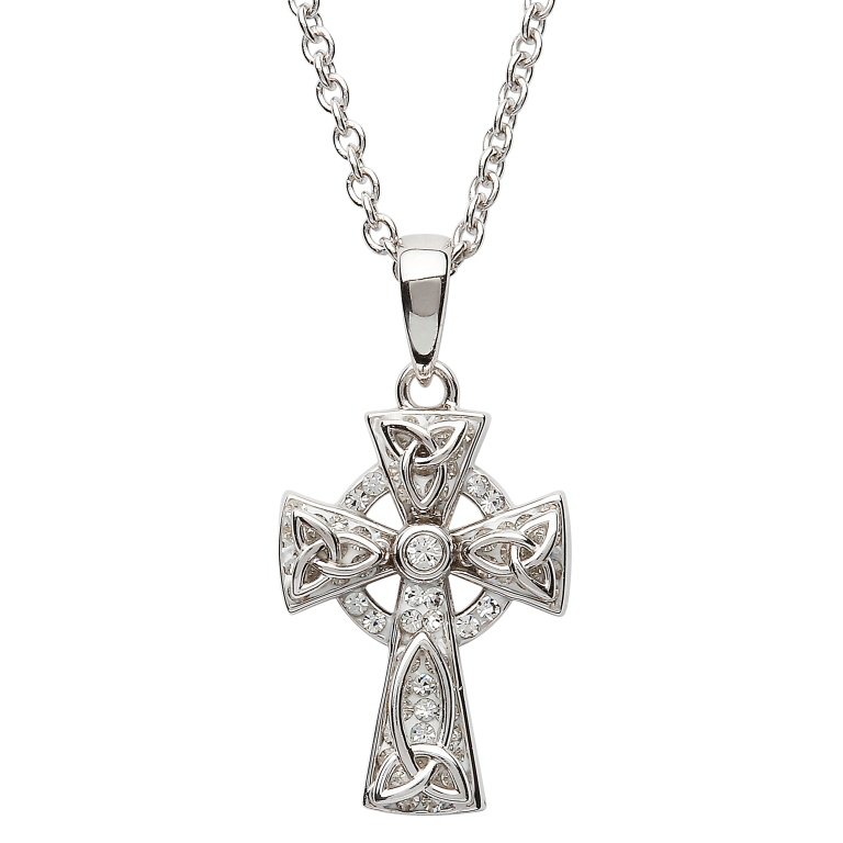 CROSSES SHANORE STERLING CELTIC CROSS PENDANT w WHT CRYSTALS