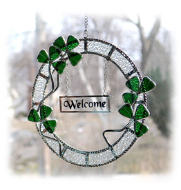 STAINED GLASS WELCOME WREATH w SHAMROCKS