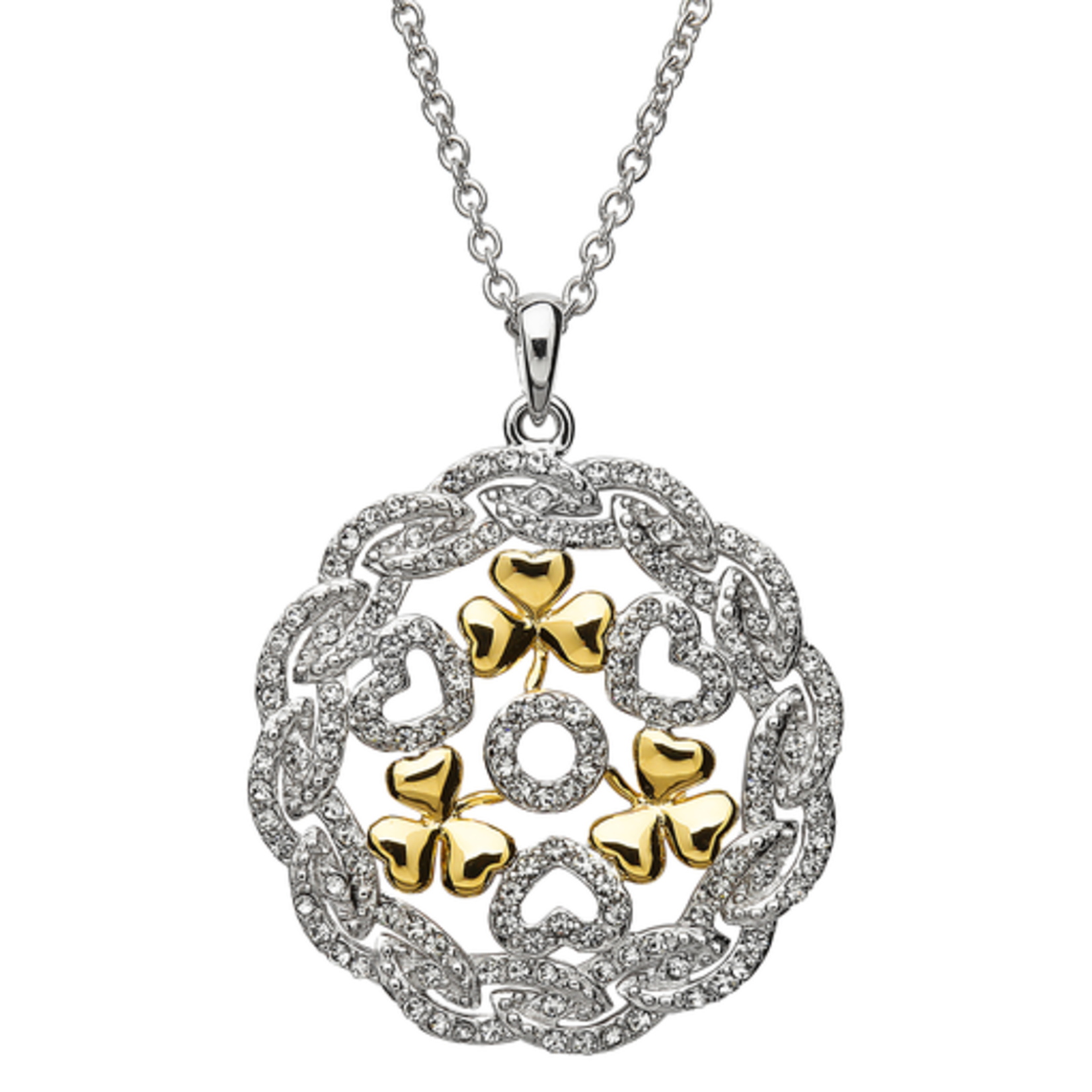 PENDANTS & NECKLACES SHANORE STERLING TWO TONE SHAMROCK MEDALLION w CRYSTALS