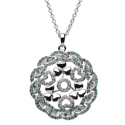 PENDANTS & NECKLACES SHANORE STERLING WHITE & GREEN SHAMROCK MEDALLION with SWAROVSKI CRYSTALS
