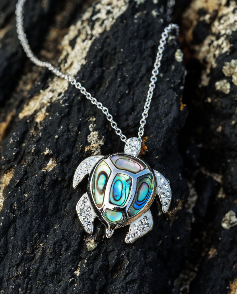 PENDANTS & NECKLACES OCEAN STERLING TURTLE PENDANT w. ABALONE SHELL & CRYSTALS