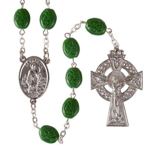 ROSARIES & JEWELRY GREEN SHAMROCK ROSARY with CELTIC CROSS