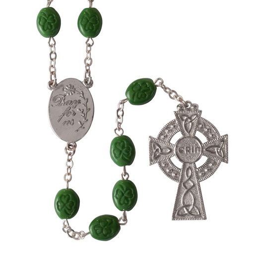 ROSARIES & JEWELRY GREEN SHAMROCK ROSARY with CELTIC CROSS