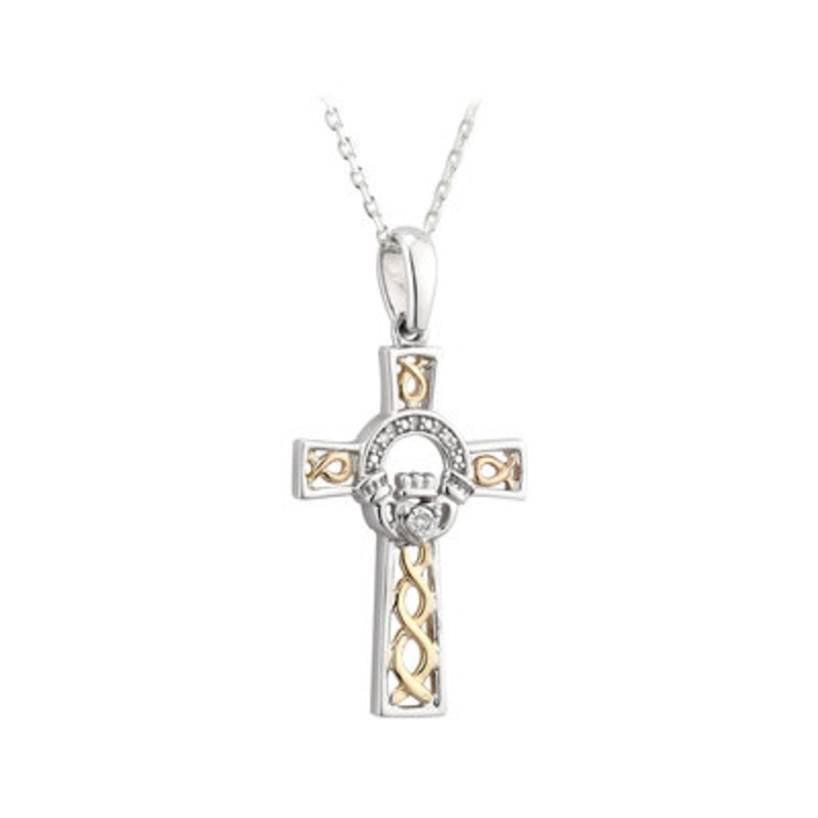 CROSSES SOLVAR SILVER & 10K GOLD CLADDAGH CELTIC CROSS PENDANT w. DIAMONDS