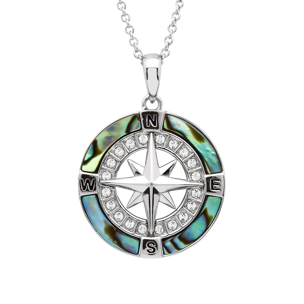 PENDANTS & NECKLACES OCEAN STERLING COMPASS PENDANT w. ABALONE & CRYSTALS