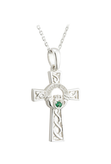 CROSSES SOLVAR STERLING CLADDAGH CROSS PENDANT with GREEN STONE