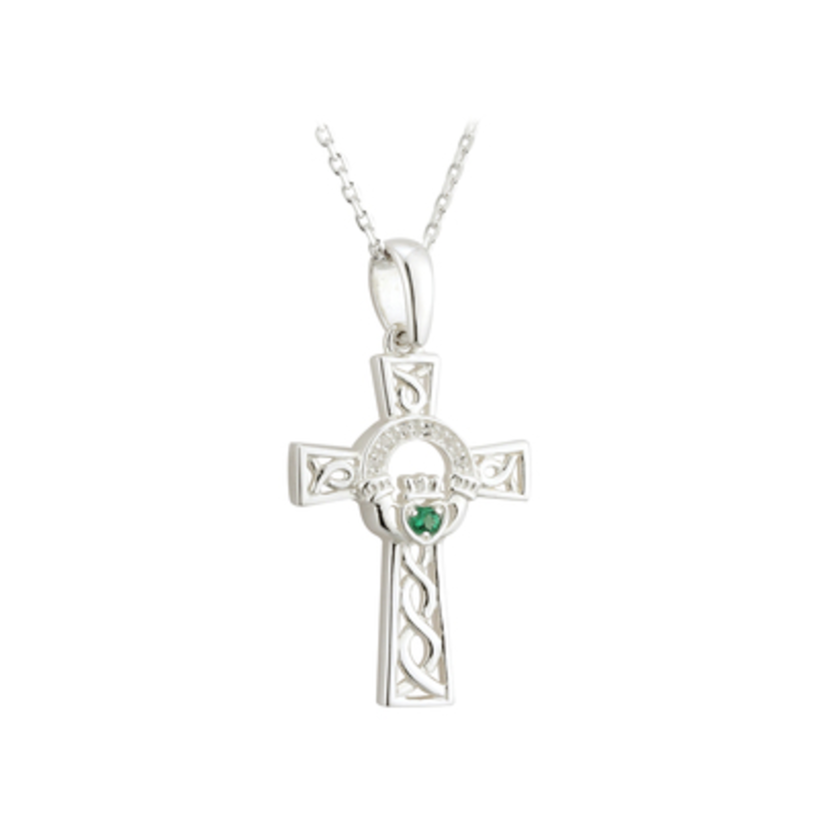 CROSSES SOLVAR STERLING CLADDAGH CROSS PENDANT with GREEN STONE