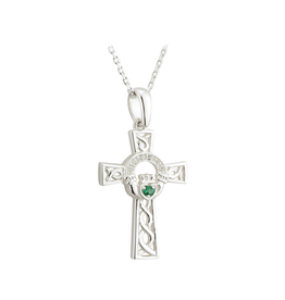 CROSSES SOLVAR STERLING CLADDAGH CROSS PENDANT with GREEN STONE