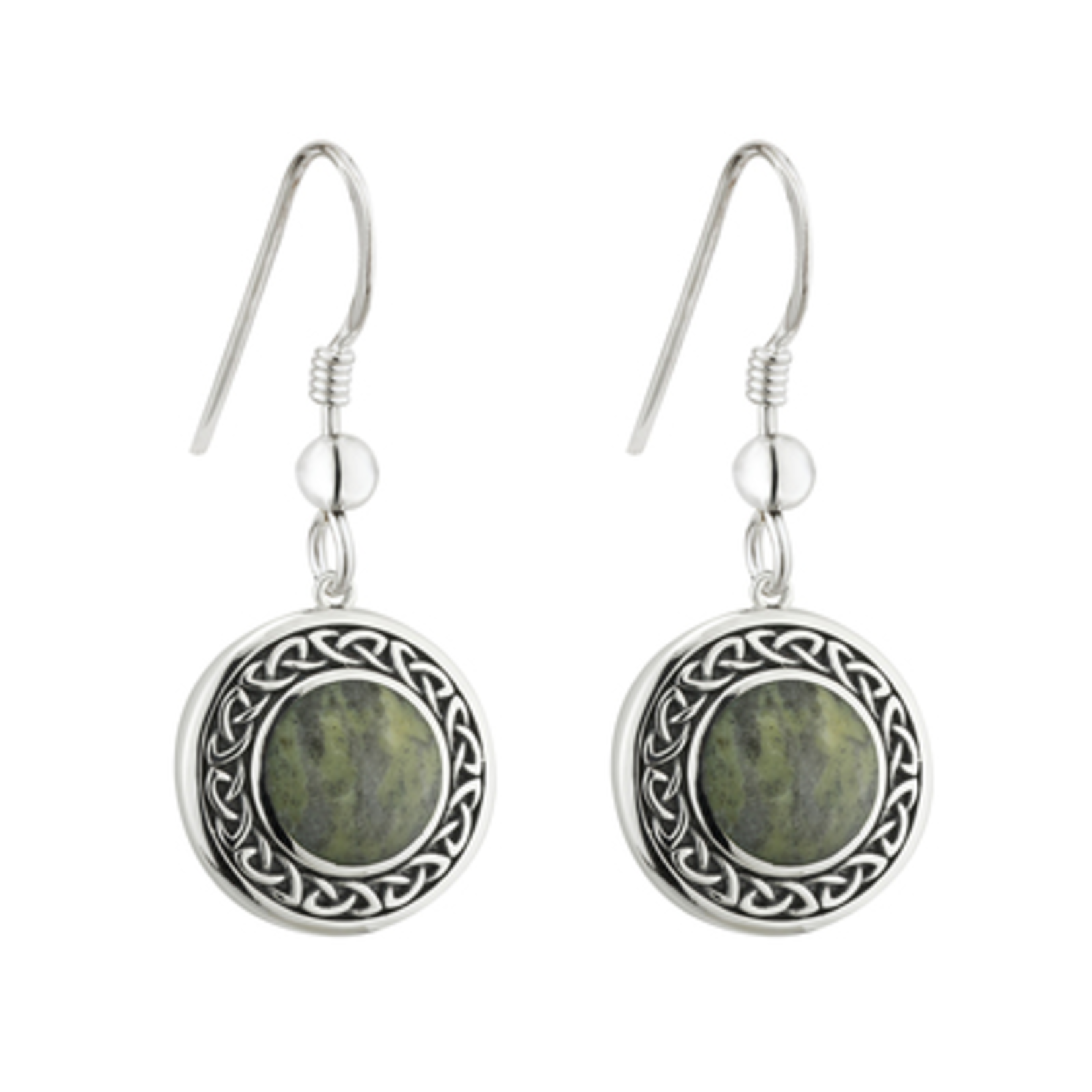 EARRINGS SOLVAR STERLING & CONNEMARA MARBLE ROUND CELTIC DROP EARRINGS