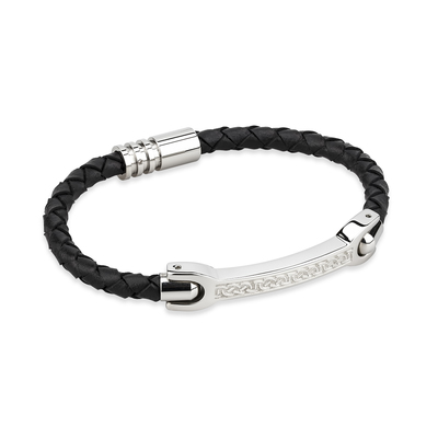 MENS JEWELRY SOLVAR CELTIC MAN STAINLESS STEEL & BLK LEATHER NARROW BRACELET