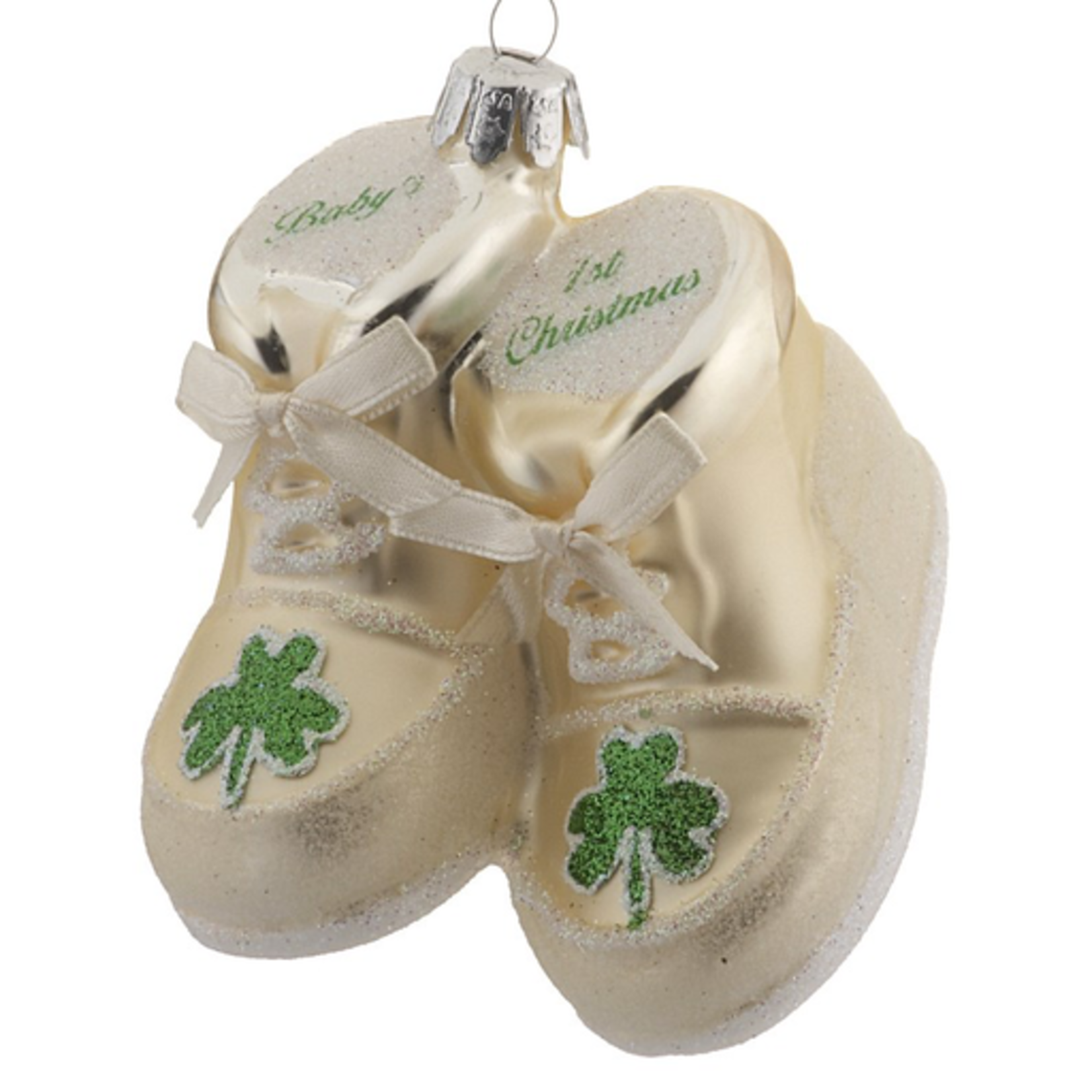 ORNAMENTS GLASS BABY SHOE ORNAMENT with SHAMROCK