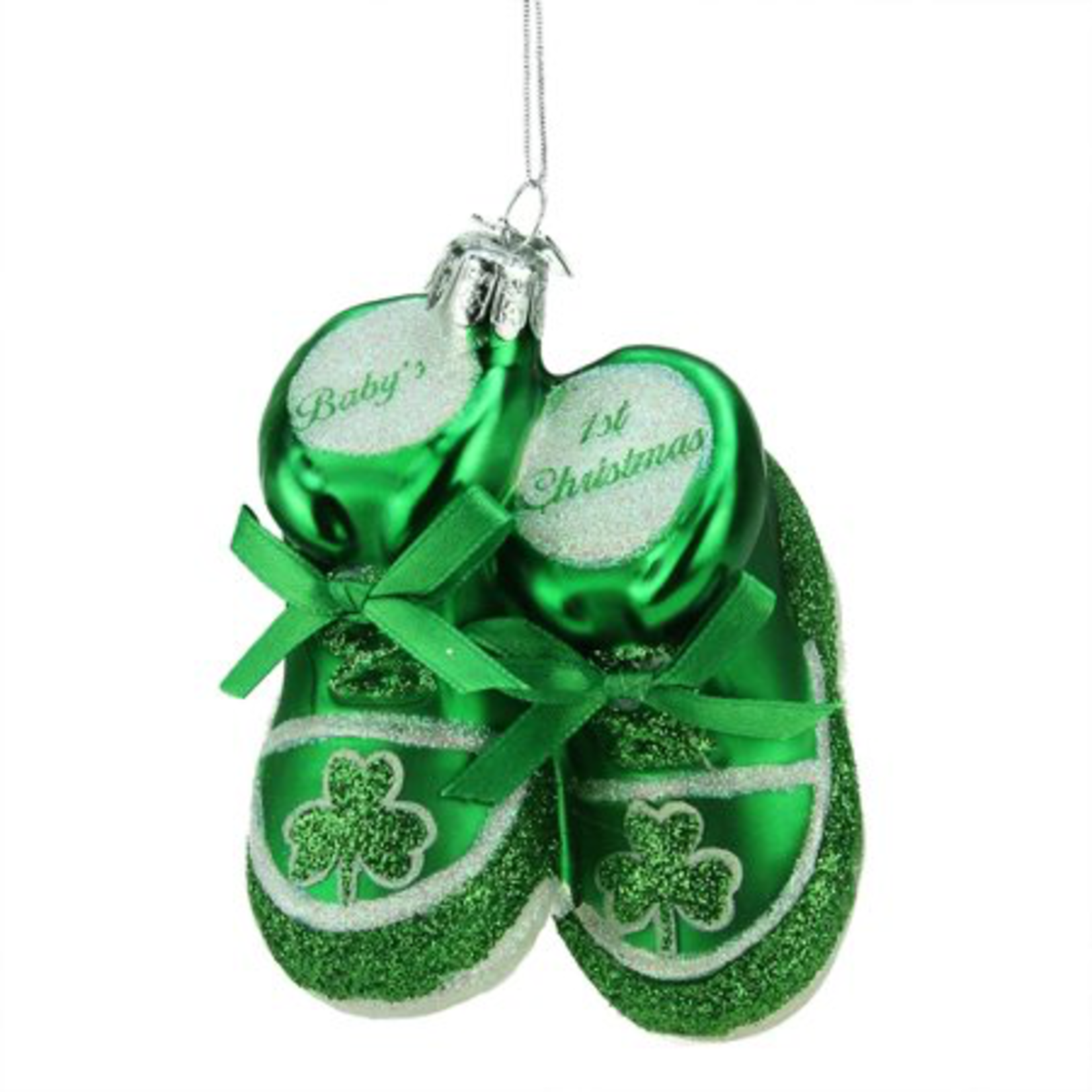 ORNAMENTS GLASS BABY SHOE ORNAMENT with SHAMROCK