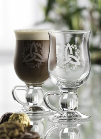 BARWARE GALWAY CRYSTAL IRISH COFFEE GLASSES - Trinity w. Shamrock (2)