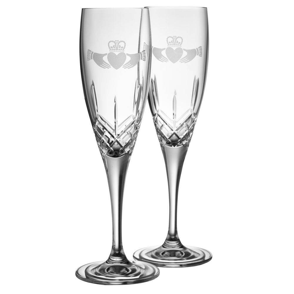 WEDDING GALWAY CRYSTAL FLUTE PAIR - Claddagh