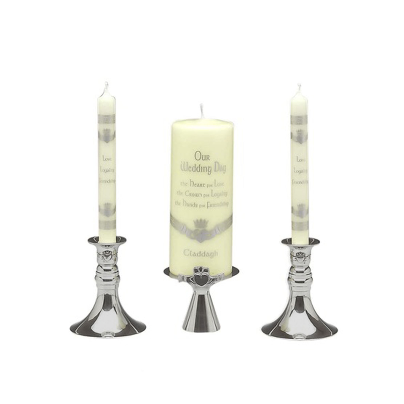 WEDDING ACCESSORIES MULLINGAR PEWTER 3pc CLADDAGH UNITY CANDLE HOLDER SET