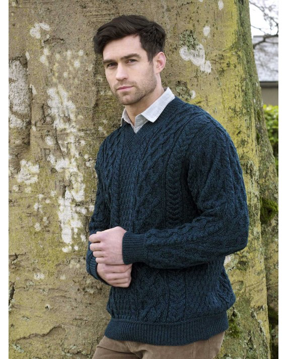 SWEATERS CLEARANCE: GENTS TRADITIONAL IRISH KNIT V NECK SWEATER - Sherwood :FINAL SALE