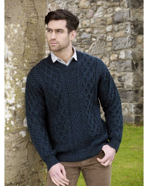 SWEATERS GENTS TRADITIONAL IRISH KNIT V NECK SWEATER - Sherwood